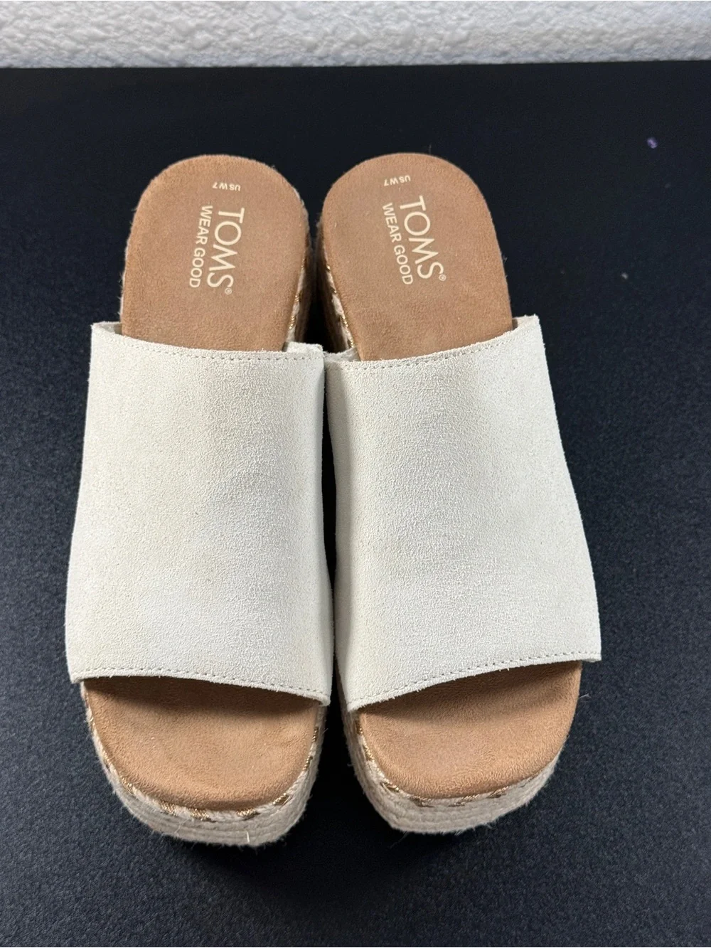 TOMS Cream Suede Espadrille Platform Slide Sandals